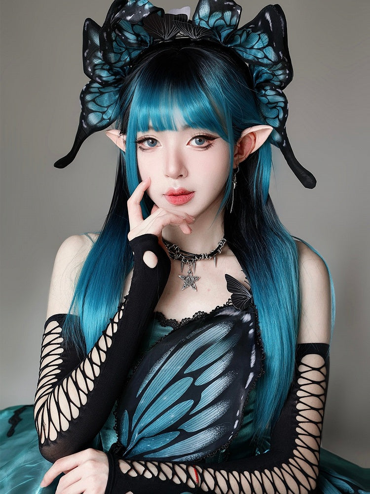 Green With Bangs And Air Black Wig Length Ombre 68CM Straight