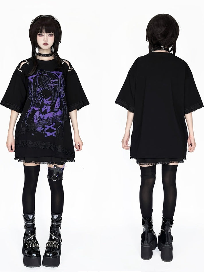 and Fastener Shoulder Anime Girl Graphic T-Shirt Black Decorative Black White / with Lace Embellishment Purple