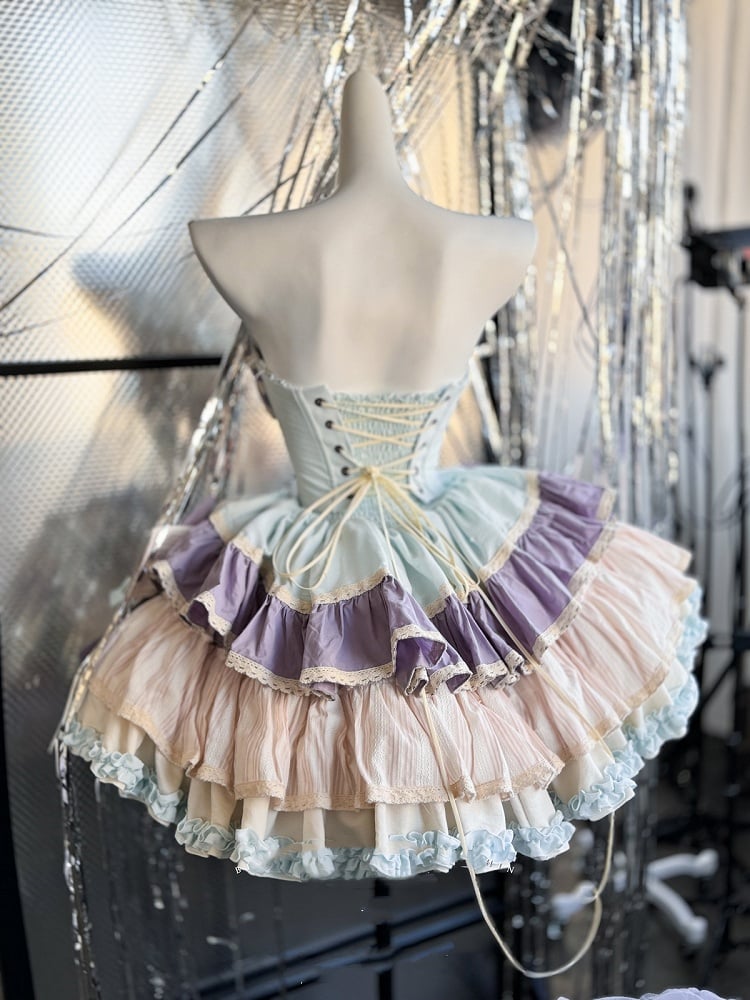 Purple Bowknots Skirt Big Lace-up Basque Waist Tiered Ruffle Sweet Lolita Dress and with Blue on