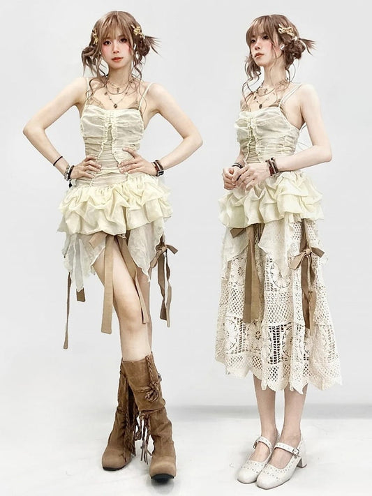 Rüschen-Set - Beiges Kleid mit Zierbesatz, Rock, Camisole, glamouröse Träger +