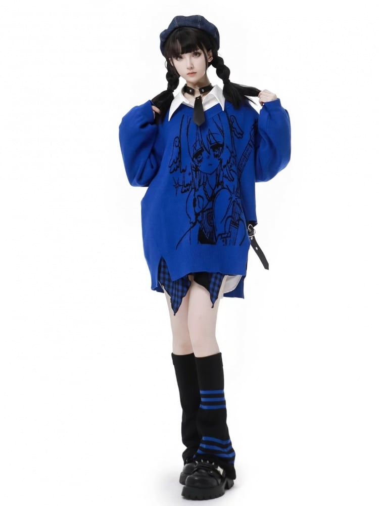 Blauer Pullover mit V-Ausschnitt und Herz-PU-Schnalle im Punkrock-Mädchen-Muster
