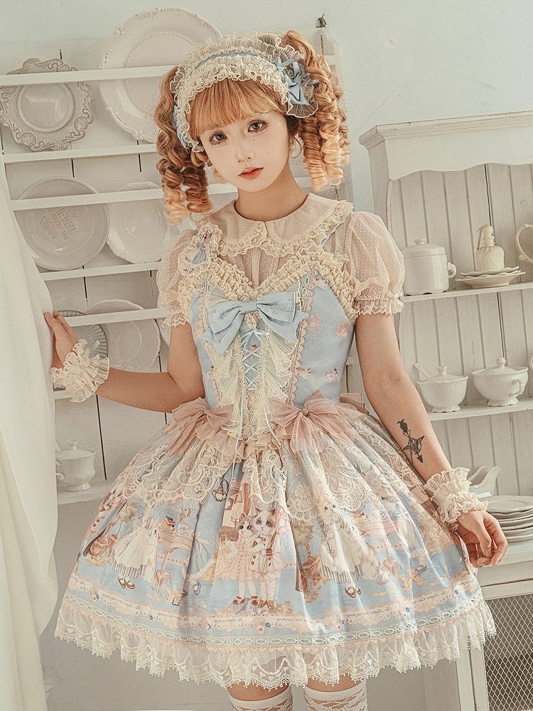 Blauer Tee Mieder Baby Jumper Print Kitty Sweet Rock Lolita Party Korsett Kleid