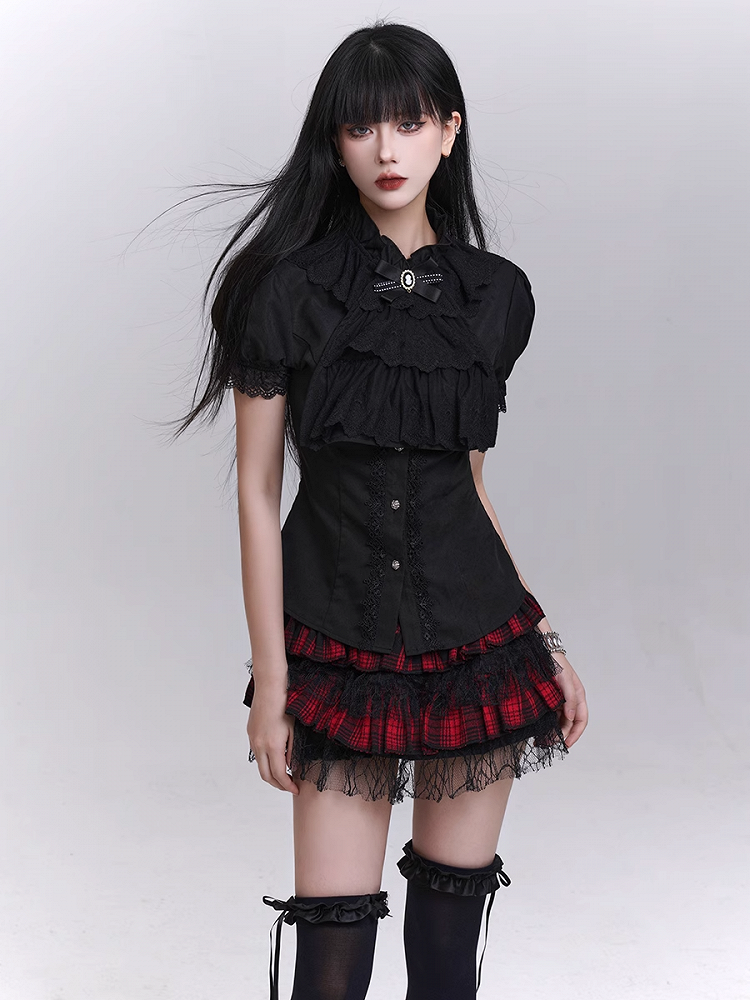 Tie Black Puff Sleeves Vintage Gothic Blouse with Detachable Jabot