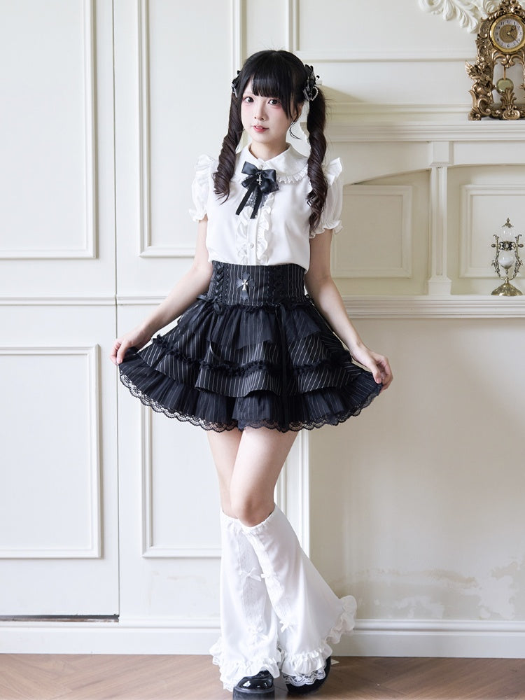 Jirai Kei Peter Collar Bowknot Sleeves Ruffled Lace Gothic Lolita Pan Trim White Blouse with Detachable Bell