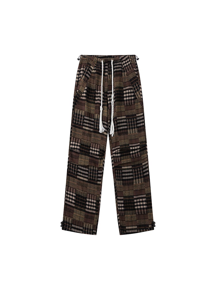 Patchwork Drawstring with Pants Waist Plaid Brown