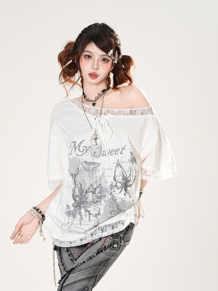 Loose Asymmetrical Neckline Lace Trim Butterfly Print Black/White T-shirt