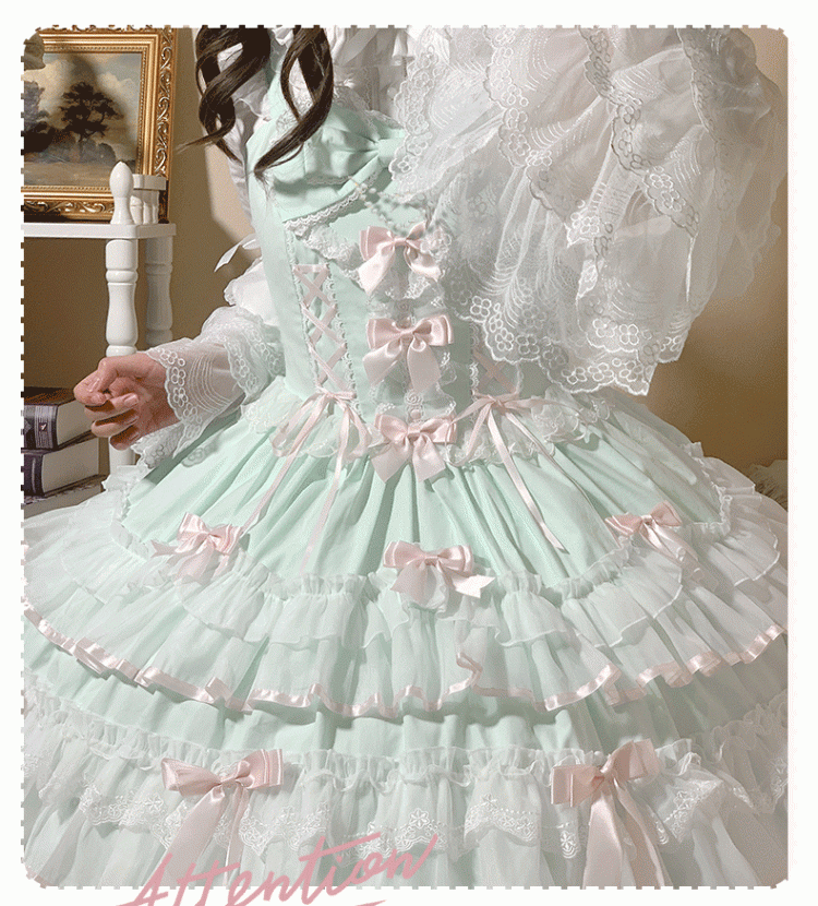 Lace-up Waist Lace Trim Sleeves Old School Lolita Cotton Green Mint Jumper Flutter Skirt Dress