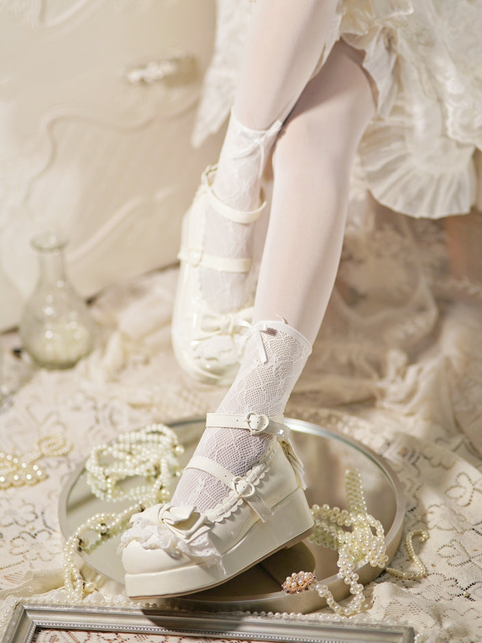 White Bow Milky Buckles at Platforms Lace Trim Top Heart