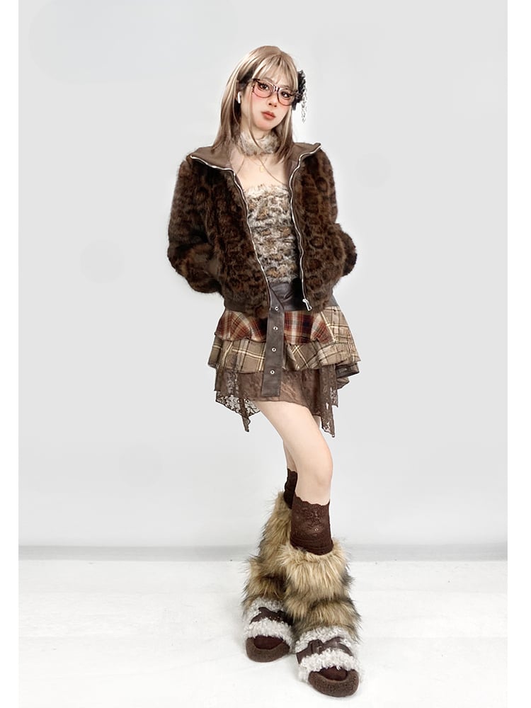 Gyaru Kaffee Leopard Plüschjacke