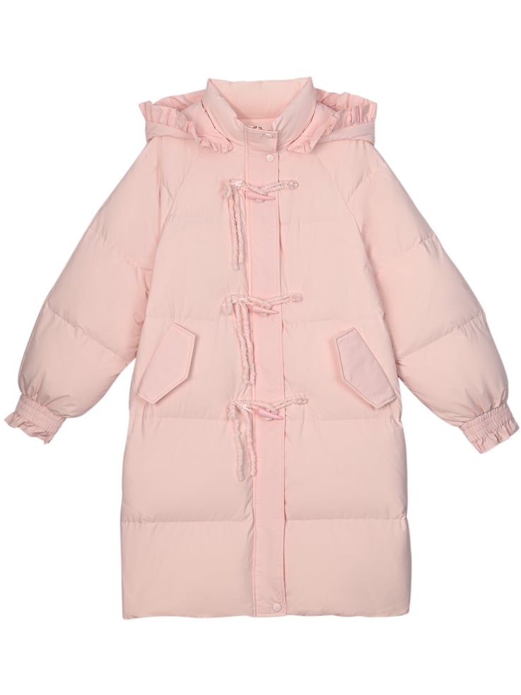 Pink Hooded Down Bowknot Horn Shaped Button Coat