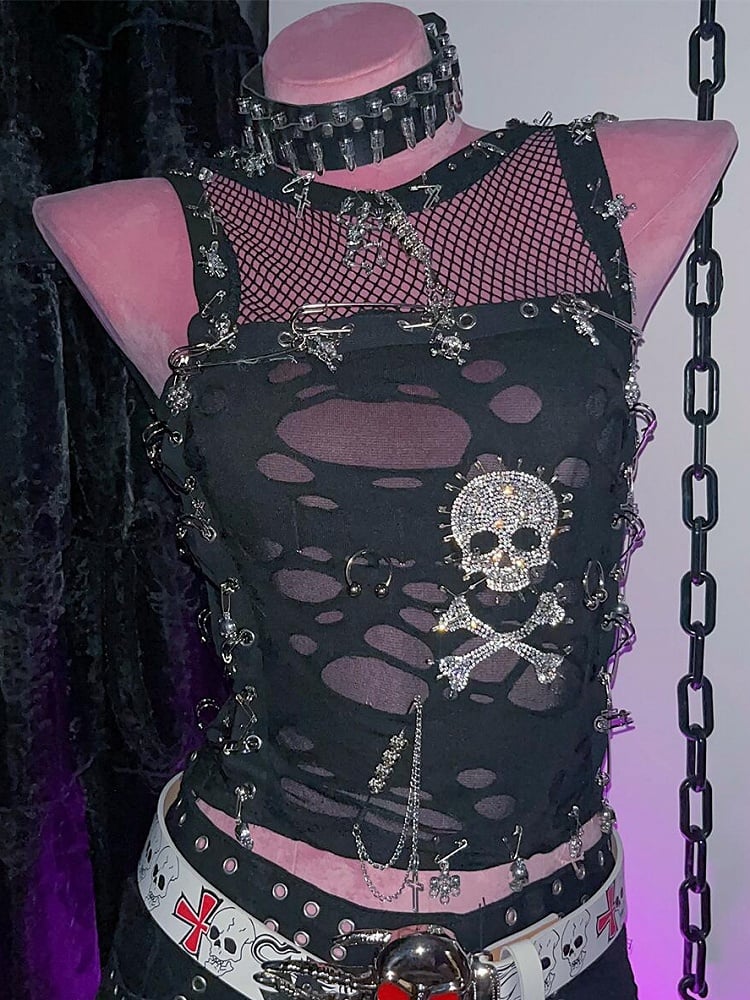 Details und Strass ärmelloses Pin Top Skelett Punk schwarz Cutout verziert