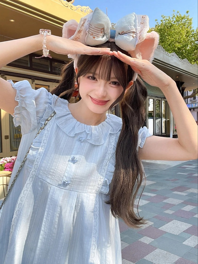 Dress Light Blue Ruffle Collar Puff Sleeves Sweet