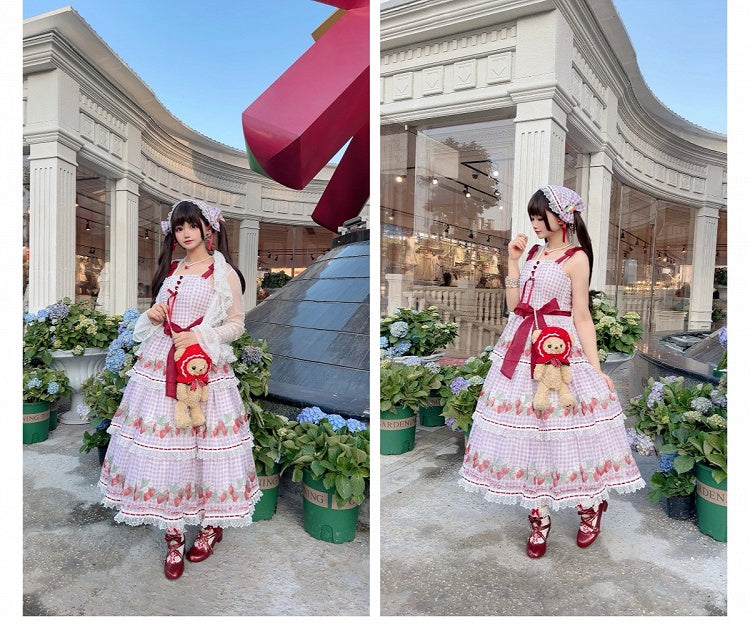 Cottagecore Strawberry Print Purple Picnic Gingham Dress Sweet Lolita Jumper Skirt