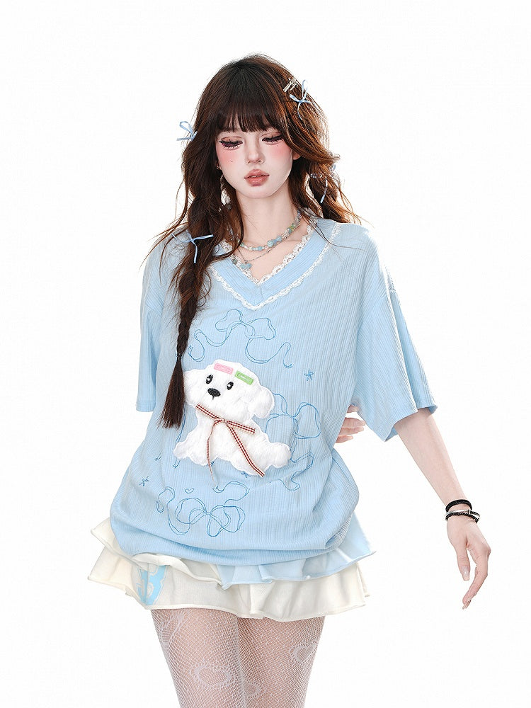 Loose Yume Adorable Puppy Pattern Weiß/Blau T-Shirt Kawaii