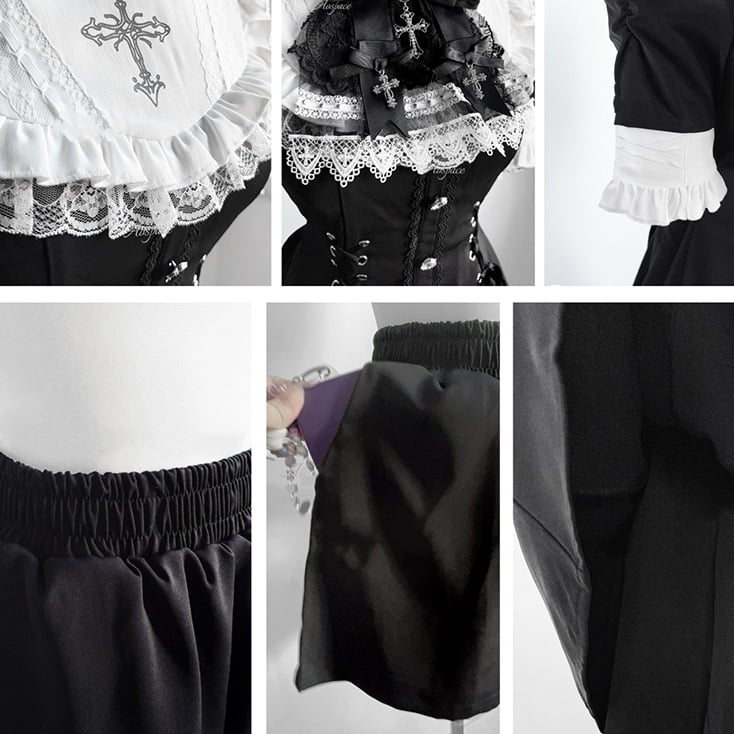 with Style Short Jirai - Sleeve and Bib Kei White Dress Tie Set Black Nun Bow