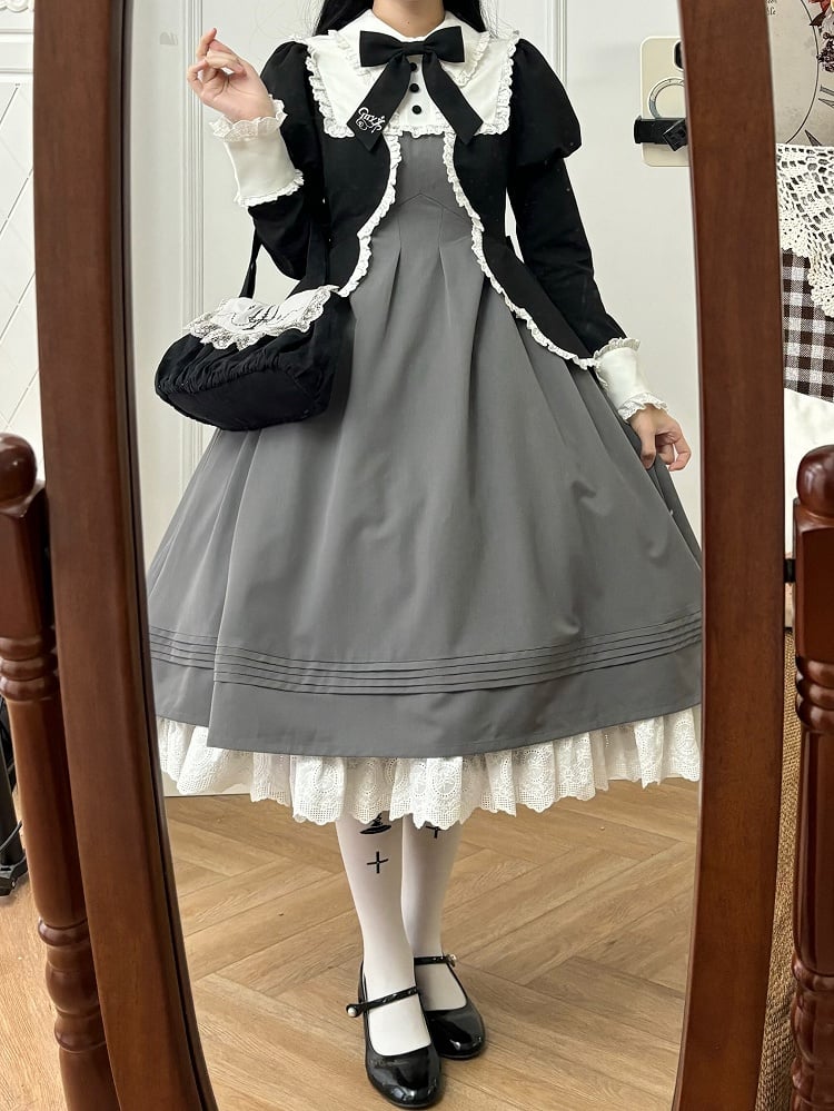 Elegantes Lolita-Kleid mit Juliette-Ärmeln in Schwarz und Grau