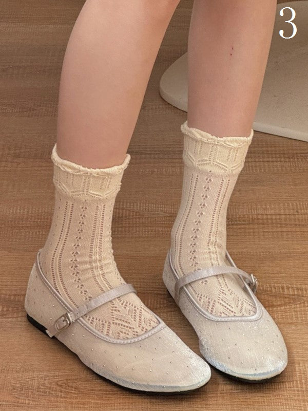 With White/Beige Polka-dot Socks Calf Pattern Star And Hollow-out