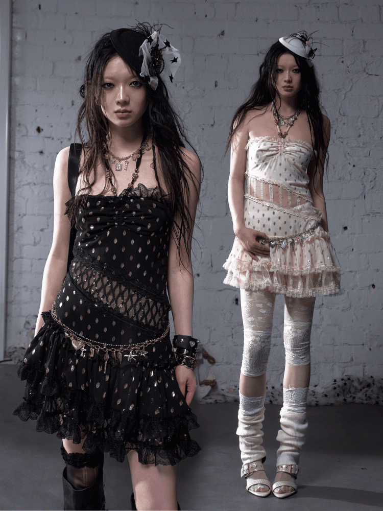 Beige/Black Neck Waist Polka-dot Vintage Halter Lace Patches