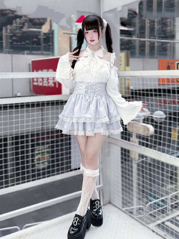 Bell Sleeves Open Shoulder with Blouse White Jirai Kei Three-Piece Set: