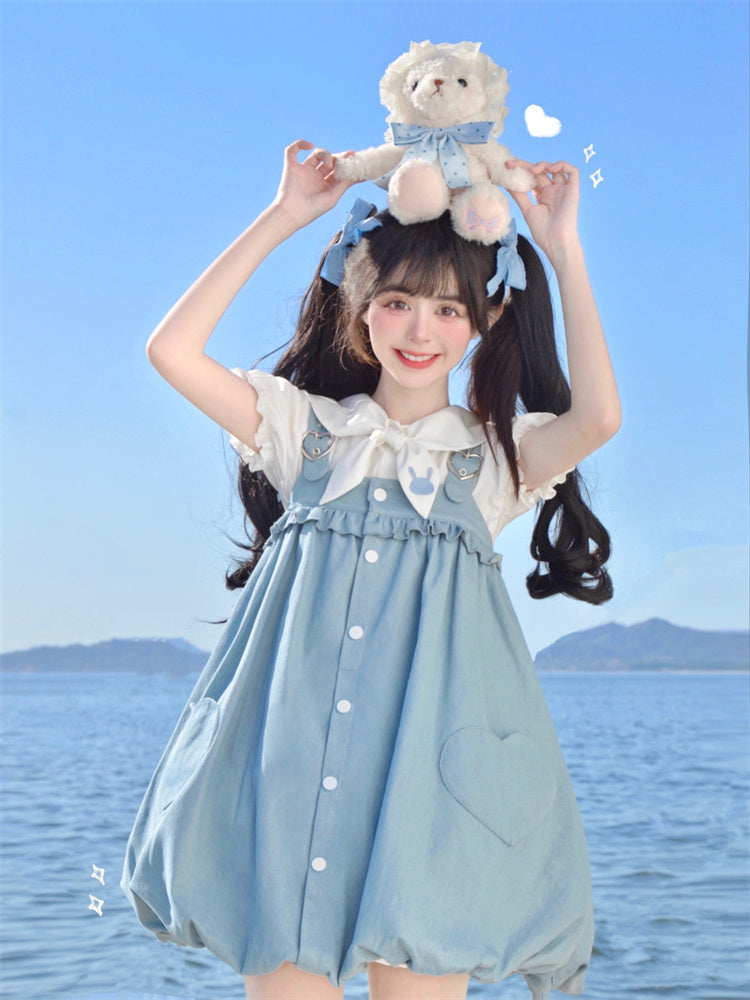 White Puff Sleeves Bunny Ear Design Blouse