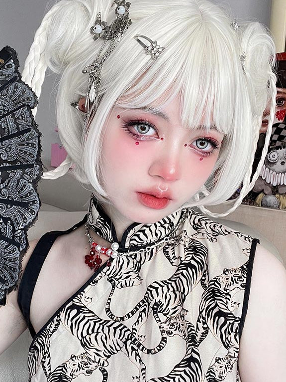 With Two Clips White Bob Wigs Braided Claw Ponytails Cut