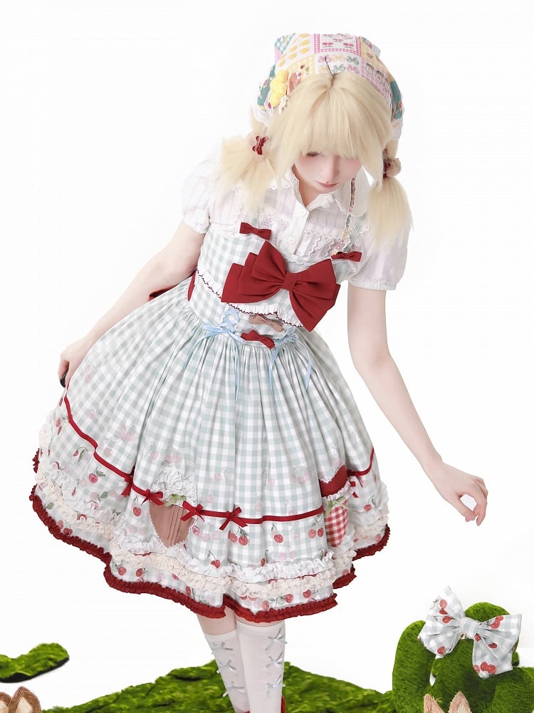 Cherry Dress Print Blue Lolita Sweet Jumper Skirt Red Gingham