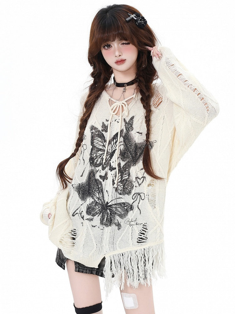 Apricot/Black Butterfly Pattern Distressed Holes V-neck Loose Knit Top