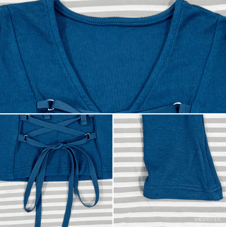 Front with Alternative Fashion Lace-up Klein Blue Cross Long Sleeve Top Details