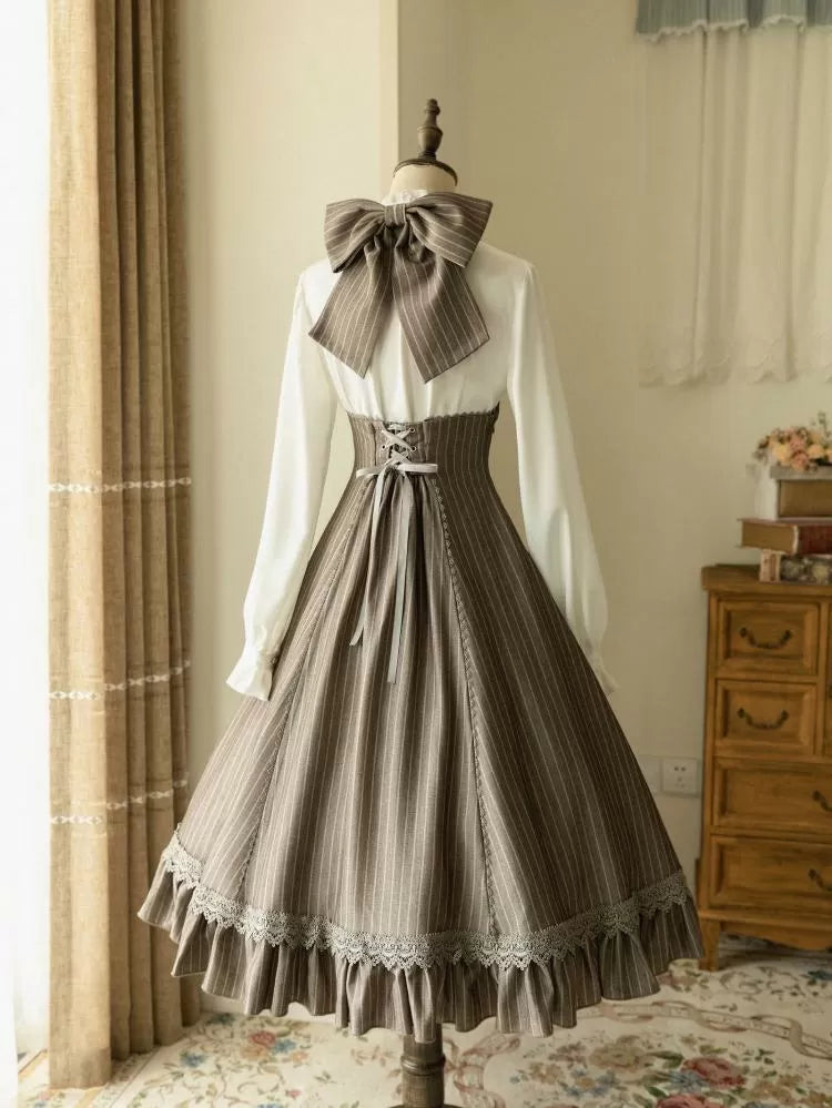 Halter Dress Underbust Stripped Vibes Pattern Neck Brown Historical