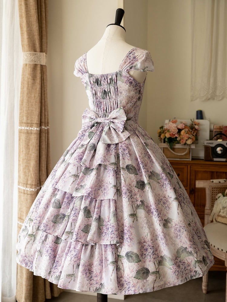 Purple Hydrangea Print Jumper Skirt Dress