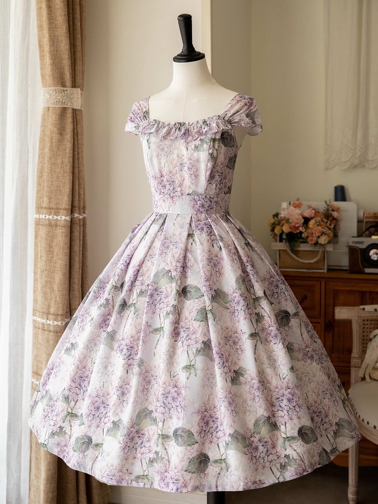 Purple Hydrangea Print Jumper Skirt Dress