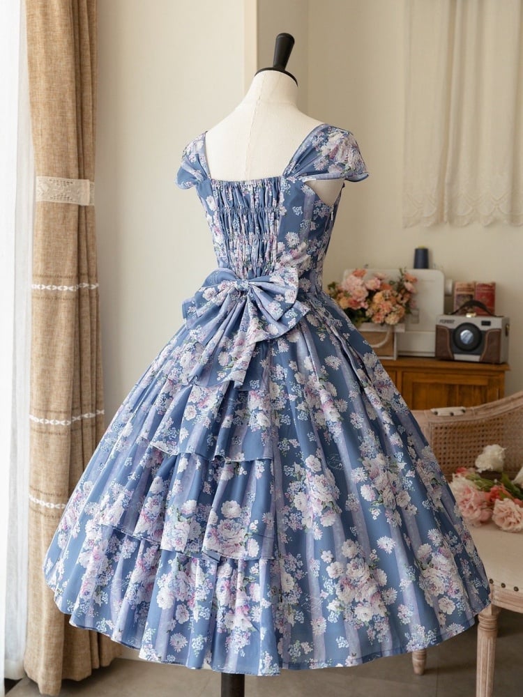 Jupe pull taille haute élégante à fleurs bleues