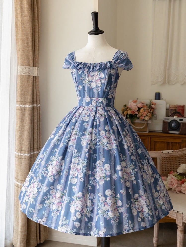Jupe pull taille haute élégante à fleurs bleues