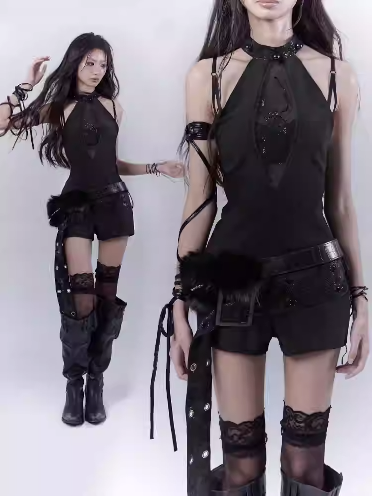 Belt Glamorous Black Halter Neck Spider Rhinestones Jumpsuit with Buckle