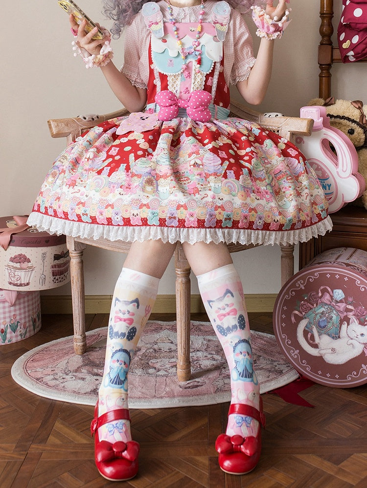Overall Sweet Desserts Red Gummy Print and Bear Lolita Dress