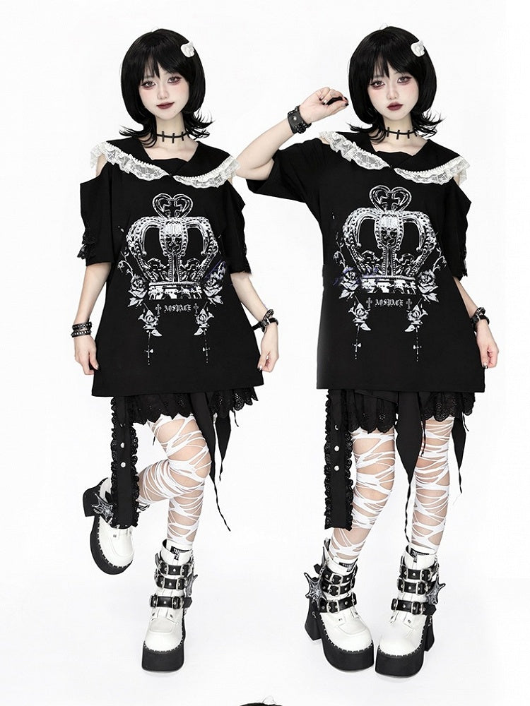 with Purple Crown White and Print Shoulders - Cutout / T-Shirt Collar Black Beaded Sailor