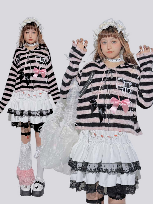 Pink&Black Striped Bowknot Heart-shaped Chain Knit Hooded Cardigan