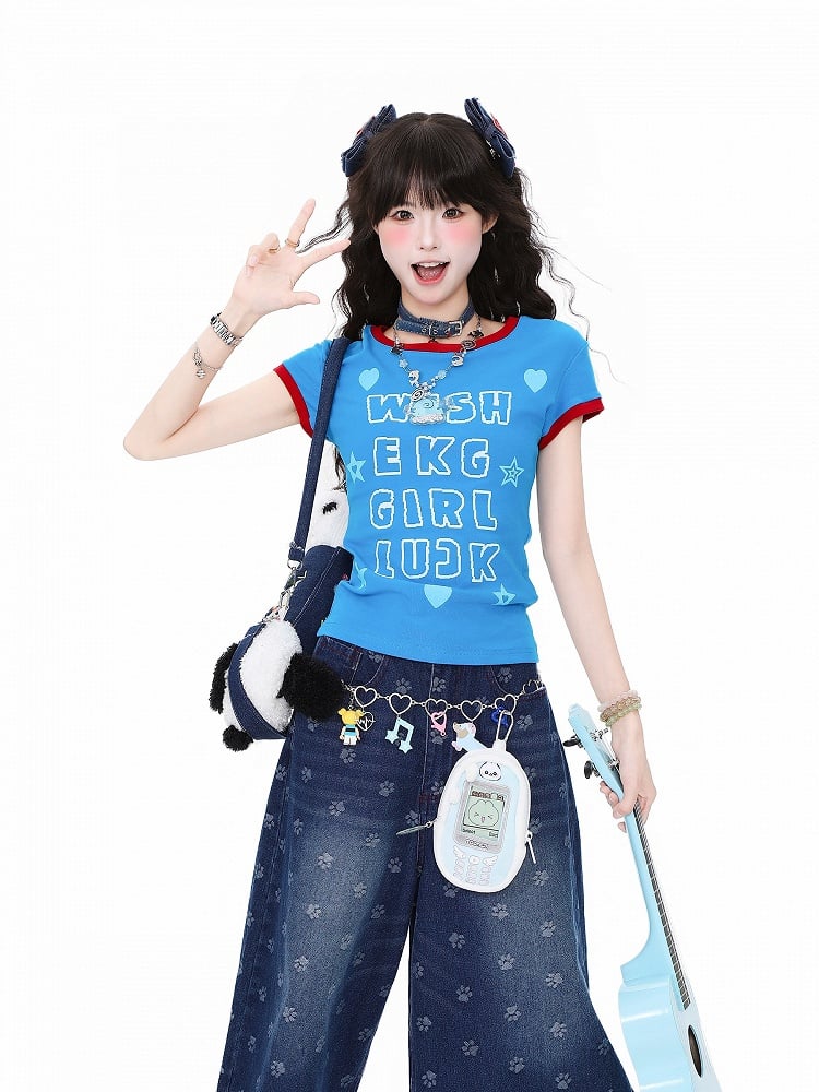 Daily Kawaii Blue Fitted Shoulder T-Shirt with Letter Print
