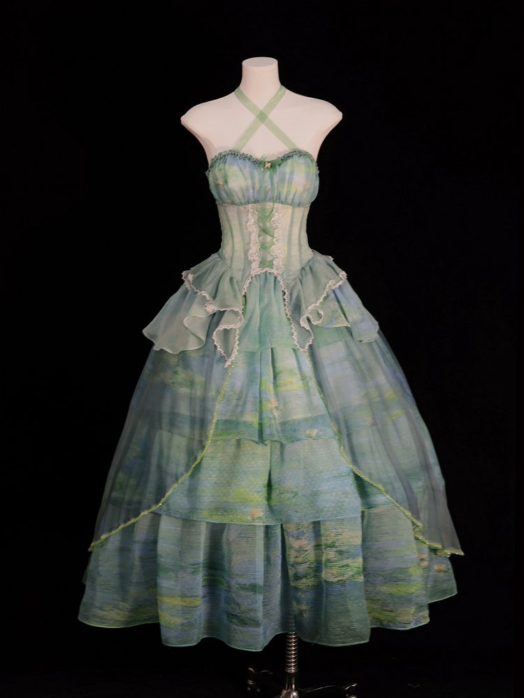 Fairy Oil Tiered Flounce Hem Halter Boned Corset Top Green Painting Print