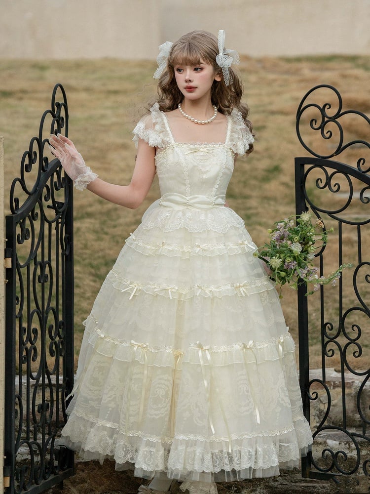 Beads Bow Creamy Princess Accents White Neckline Ribbon Dress Lolita