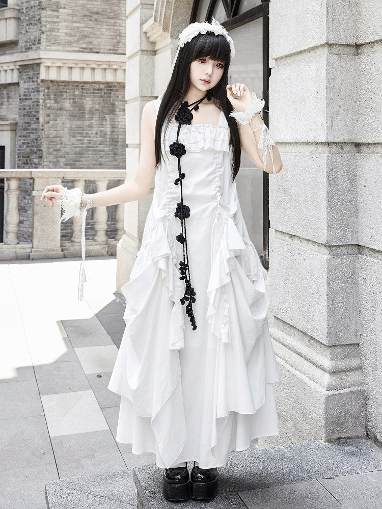 Dress Loose White Goth Ruffles Design Drawstring Cascading