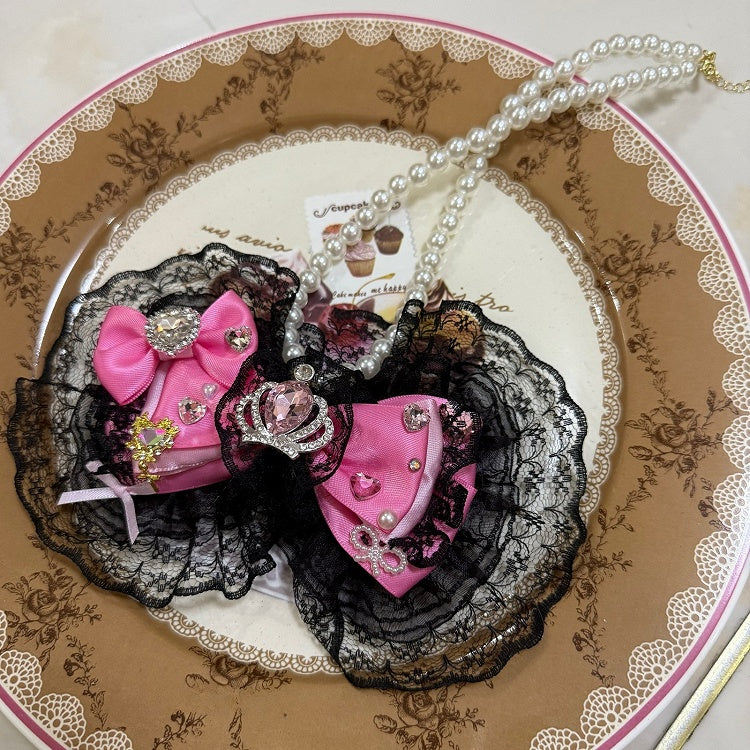 Rhinestone Necklace BlackPink Lace Bowknot Trim Heart Crown And Pendant Decorated Beaded