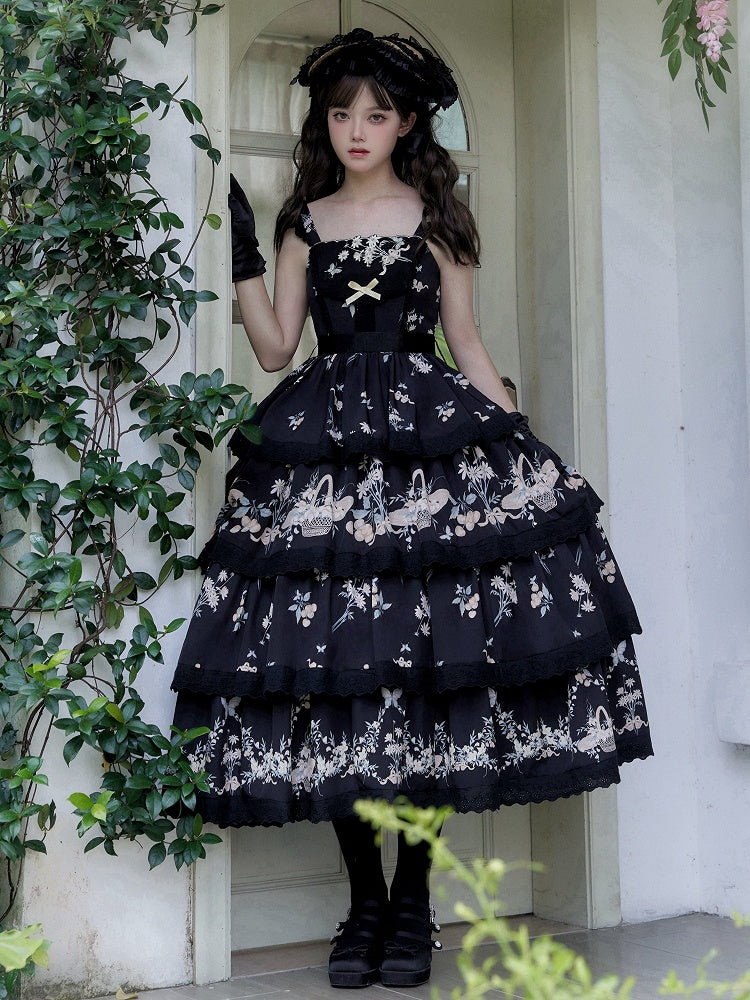 Rock Classic und Lolita Stufenpullover Print Blumen Lilienkleid Kirschschwarz