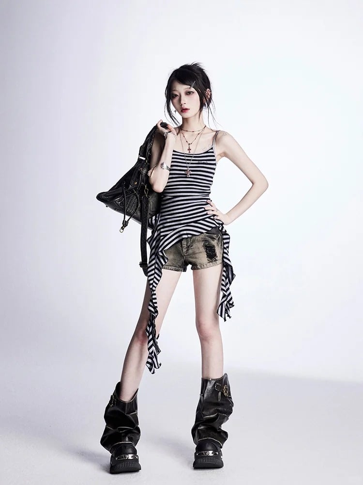 Glamorous Denim Shorts Waist Cross Studs Distressed Black Low