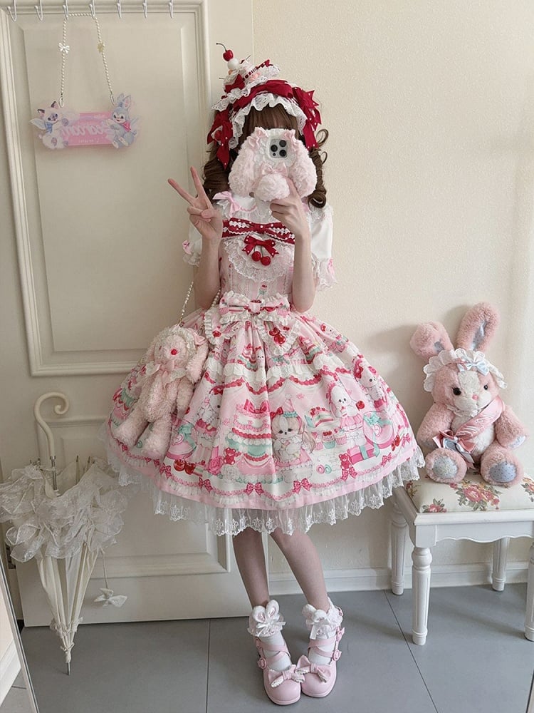 Cakes Dress Sweet Cherry and Print Pink Lolita