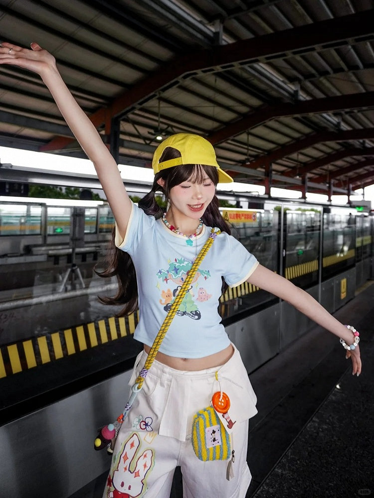 with Necklace Cartoon Girl Print Blue Round Neck Cropped T-shirt Free