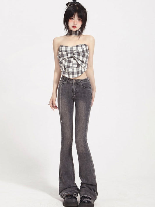 Washed Gray Jeans Low-Rise Flared with Finish Fly Button