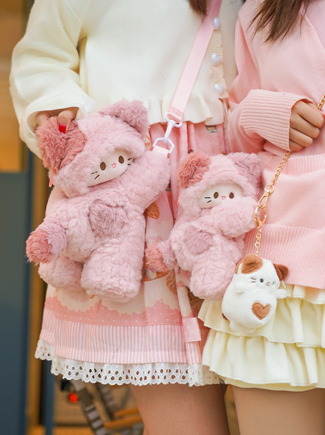 ピンクのかわいい猫型ぬいぐるみバックパック S/M/Lサイズ