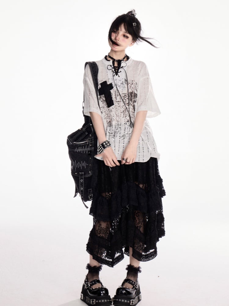 Y2K Holes Black/White Lace-up Mock Neck Distressed