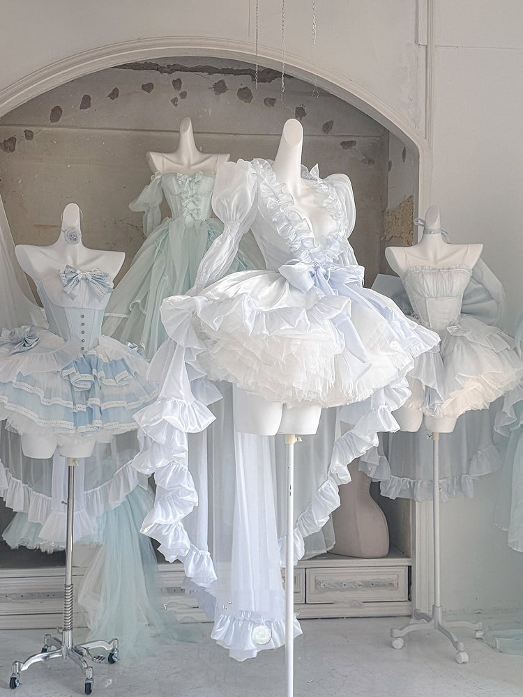 Ruffles Long Top Sleeves Sheer Cascading Hem Blue